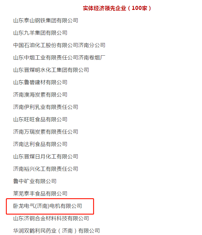 臥龍電驅(qū)濟南工廠榮獲濟南市實體經(jīng)濟領先企業(yè)(圖1)